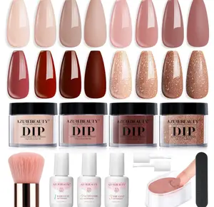 AZUREBEAUTY Dip Powder Nail Kit Starter, 4 Colors Skin Nude Brown Glitter, Dipping Powder Liquid Set with Base/Top Coat Activator for Daily French Nail Art Manicure DIY Gift 12 Pcs