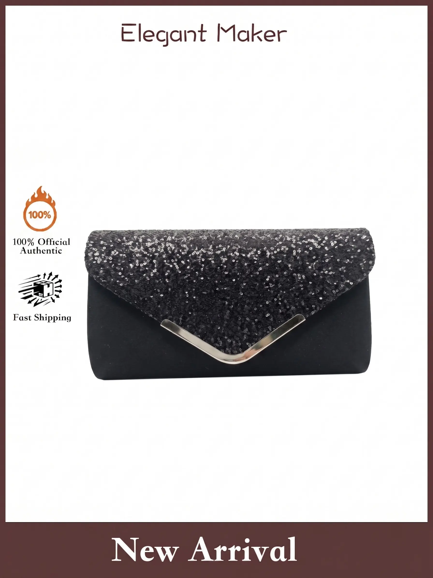 Sequin Evening Clutch, Women's Glam Envelope Purse, V Metal Accent, Detachable Chain, Perfect for Weddings, Proms, Parties