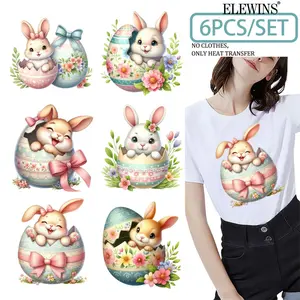 6-piece Easter Bunny Heat Transfer Iron-On Patches  DIY decorative transfers for clothing, backpacks, denim fabrics, and fun home craft embellishments.