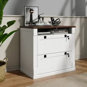 White 2 Drawer File Cabinet with Lock & Charging Station,37'' Farmhouse Lateral Filing Cabinet with Open Storage Shelves for Home Office,Wood Printer Stand for Files/Letter/Legal/A4/F4 Size
