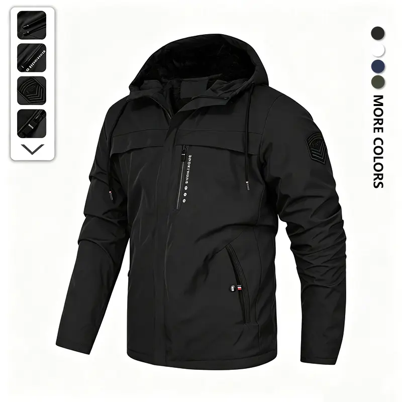 Men's Full-Zip Outdoor Hooded Soft Shell Jacket, Lightweight Durable Polyester Windproof Sportswear, Suitable for Hiking, Camping