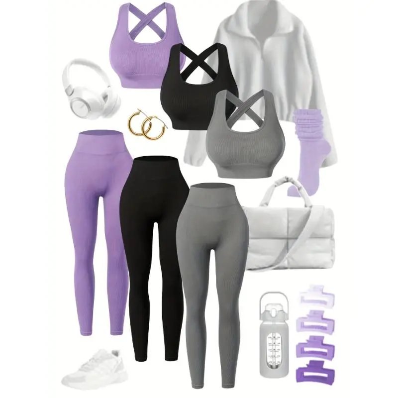 Women's 3-Pack High-Waisted Yoga Leggings Set with Built-In Bra - Seamless High Waist Activewear, Breathable Workout Pants, Gym Exercise Bottoms, Dance Athleisure, All-Season Wear (No Sweatshirt or Accessories)