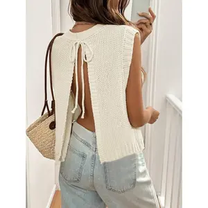 Women Solid Color Tie Back Sleeveless Split Hem Knit Top,Open Back Top