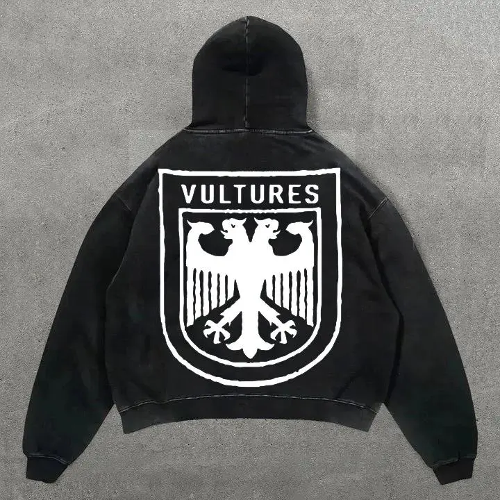 Vintage Vultures Print Graphic Acid Washed  Pullover Hoodie Men's Letter Embroidery Textured Drop Shoulder Fuzzy Hoodie, 1 Count Regular Fit Casual Fashion Long Sleeve Hooded Sweatshirt for Spring & Fall, Fashion Men's Clothes for Daily Wear