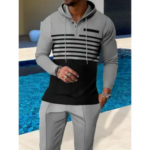 New Men's Casual Set Outdoor Versatile Fashion Men's Hoodie Color blocked Striped Long Sleeve Top Long Pants Two Piece Set