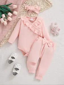 Baby Girl Ruffle Design Long Sleeve Romper & Elastic Waist Pants Set, Baby Clothing, Casual Spring Fall, Headband Included, 1-18m