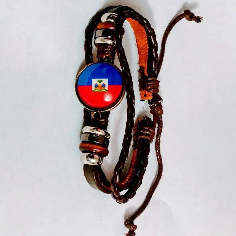 Haitian Flag Bracelet - Leather Woven Design with Colorful Flag Charm and Adjustable Straps
