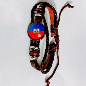 Haitian Flag Bracelet - Leather Woven Design with Colorful Flag Charm and Adjustable Straps