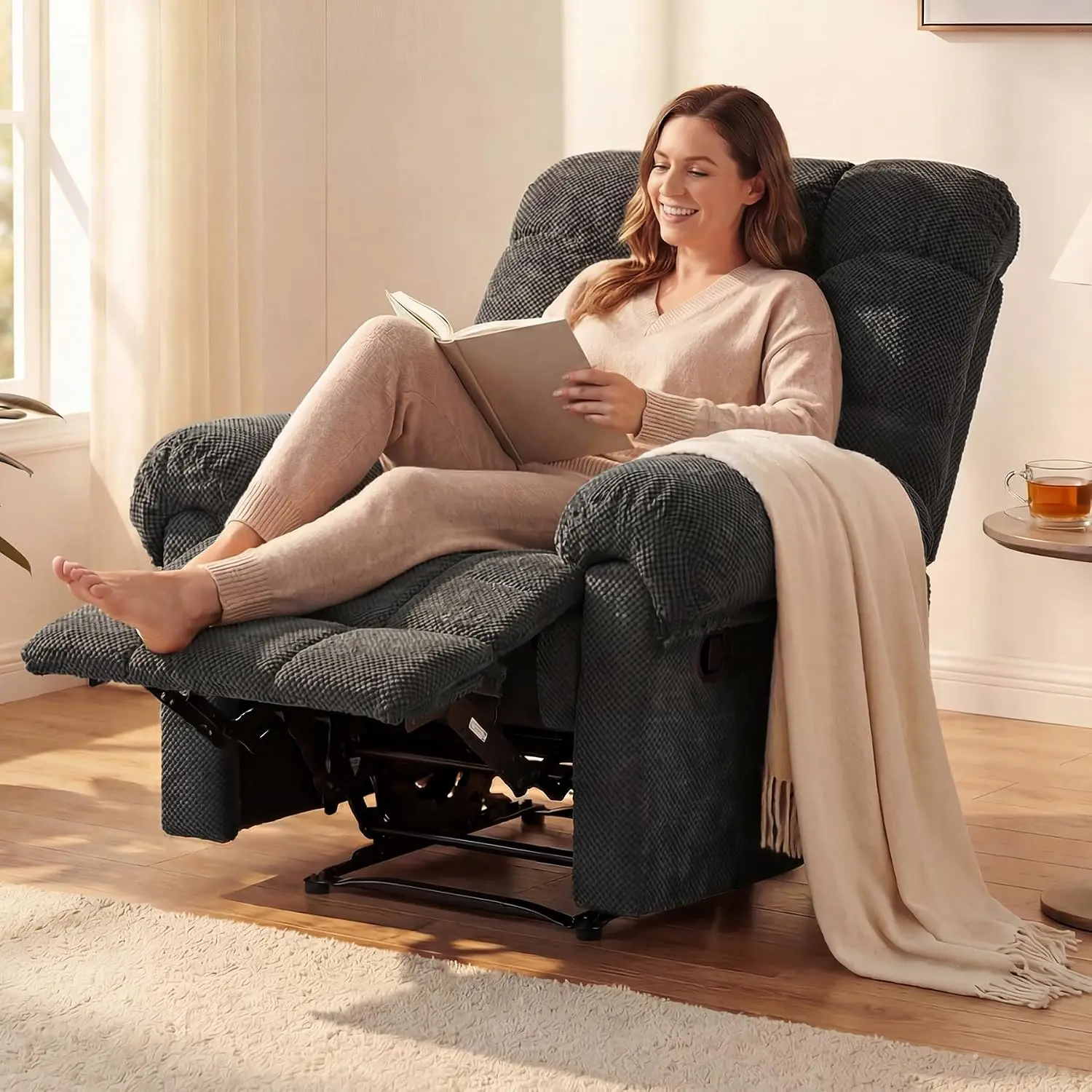 Manual Recliner Chair, Comfy Reading Accent Chairs with Adjustable Backrest & Padded Footrest, Overstuffed Lounge Armchair with High Back for Bedroom, Living Room, Home Theater Seating, Dark Gray