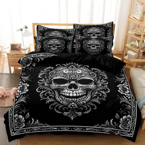3pcs Gothic Victorian Baroque Skull  Duvet Cover Set - Black & White Damask Pattern Heavyweight 1 Duvet Cover & 2 Pillowcases Dorm, Or Themed Room Decor Soft Comfortable Bedding Set For Home Bedroom Decorative Duvet Cover