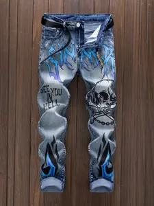 Men's Street Fashion Versatile Casual Print Straight Leg Jeans, New European Style Denim Jeans, Comfortable and Stylish, Streetwear, Pants, Denim Trousers, Menswear