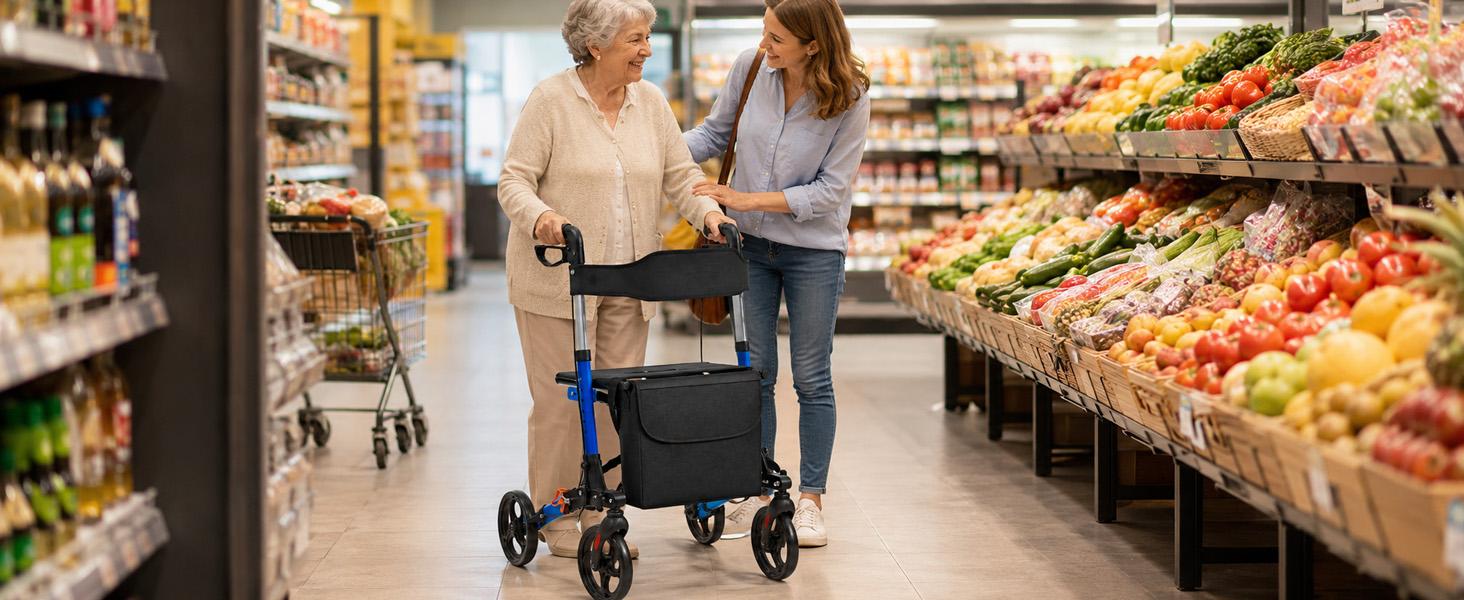 Foldable Rollator Walkers with Seat for Seniors, Big Wheels, 330 lb. Weight Capacity, Adjustable Handles and Seat Height, Lightweight Rolling Walker