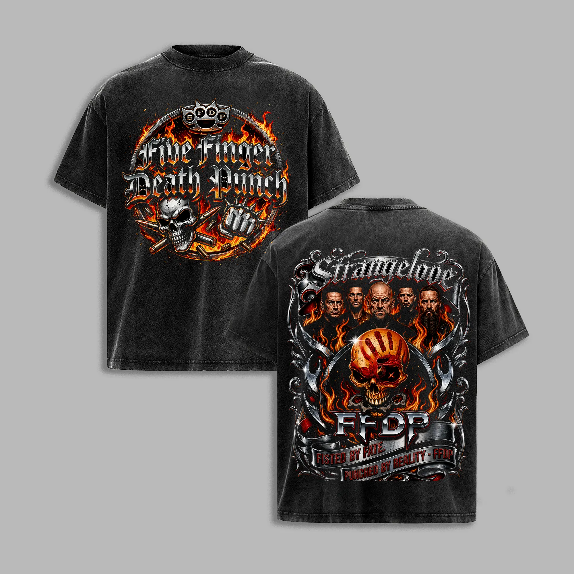 Five Finger Death Punch Strangelove Vintage Washed T-Shirt, FFDP Skull Graphic Tee, Heavy Metal Band Shirt, Double Sided Concert Tour Tee, Unisex Rock Fan Gift, FiveFingerDeathPunch, FFDP, HeavyMetal
