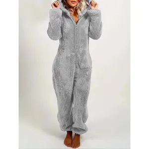 Women's Solid Zipper Hooded Plush Pajama Jumpsuit, Casual Long Sleeve Teddy Bear Ear Design Jumpsuit for Fall & Winter, Women's Sleepwear for Indoor Wear, Fluffy Pajamas