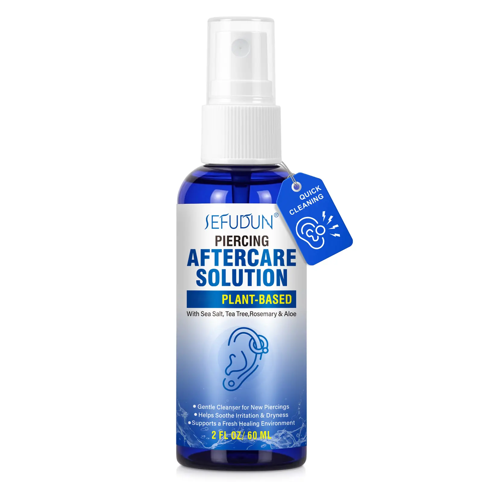 Sefudun Piercing Care Spray 60ml | Gentle Saline Spray for Piercings | Ear Piercing Cleaning Spray | Saline Spray for Piercings | Removal of Ear, Abdominal, and Nose Piercings and Keloids | Ear Hole Cleaner