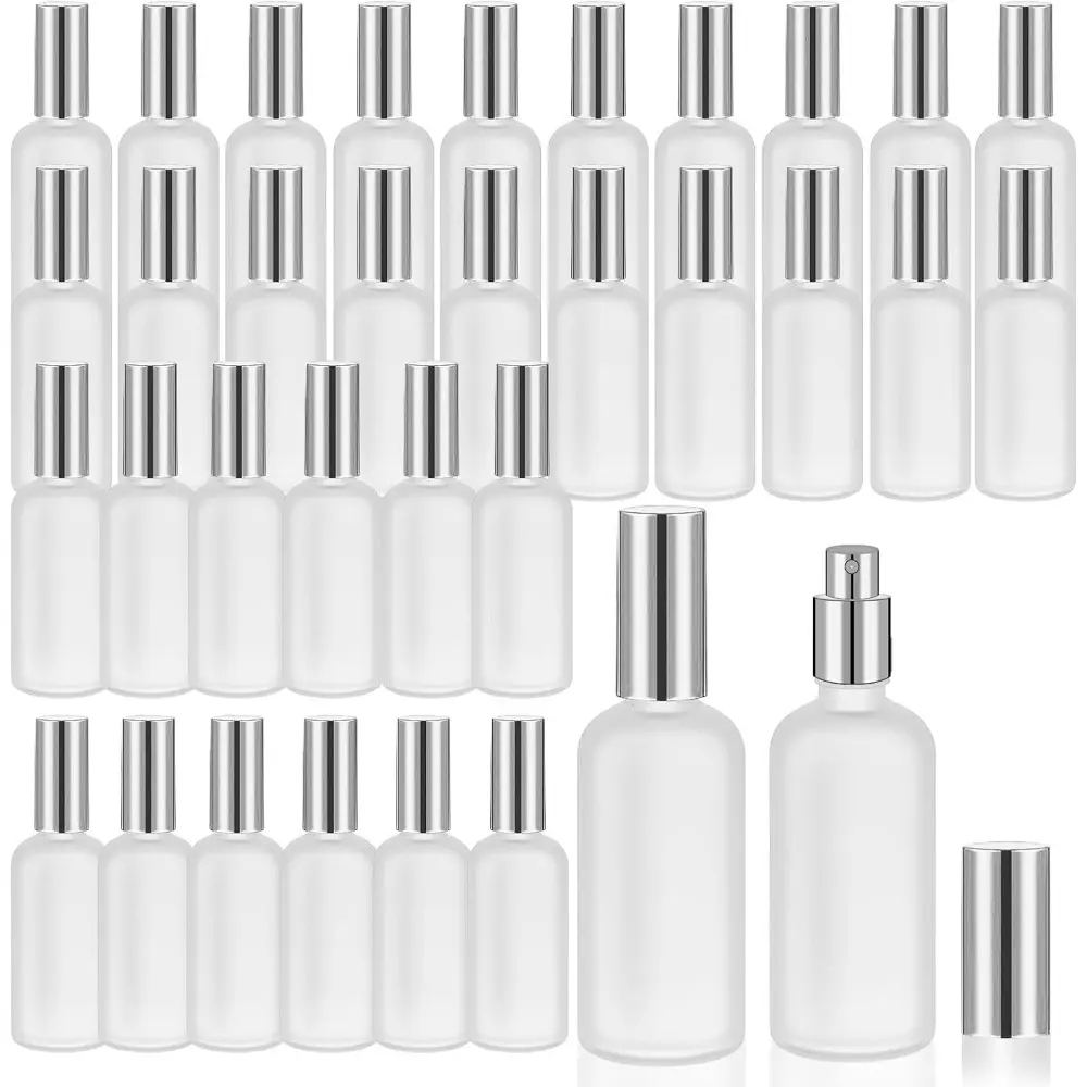 32 Pcs Glass Spray Bottle Empty Frosted Glass Bottles Reusable Glass Perfume Bottle Cosmetic Glass Container with Fine Mist Sprayer Pump for Travel Face Body Sprays (Silver) Tin Organiser Canister