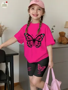 2-Piece Young Girl Casual Butterfly Print Set, Summer Outdoor Back-To-School, Sister Matching T-Shirt and Shorts Set
