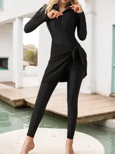 Women's Fashionable Three-Piece Swimsuit Set, Pure Color Separated Swimwear for Beach Vacation, Casual Muslim Women's Bathing Suit, Modest Swimming Wear