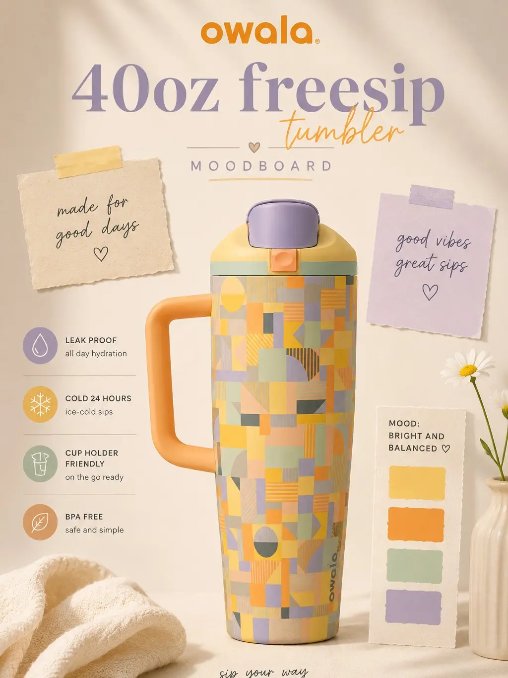 Owala Moodboard 40oz FreeSip Tumbler – Colorful Geometric Insulated Cup with Handle and Straw