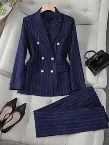 Women's Pure Color Striped Fitted Suit Set for Autumn Winter Formal Occasions, High-End Professional Commuter Wear, Elegant Business Suits