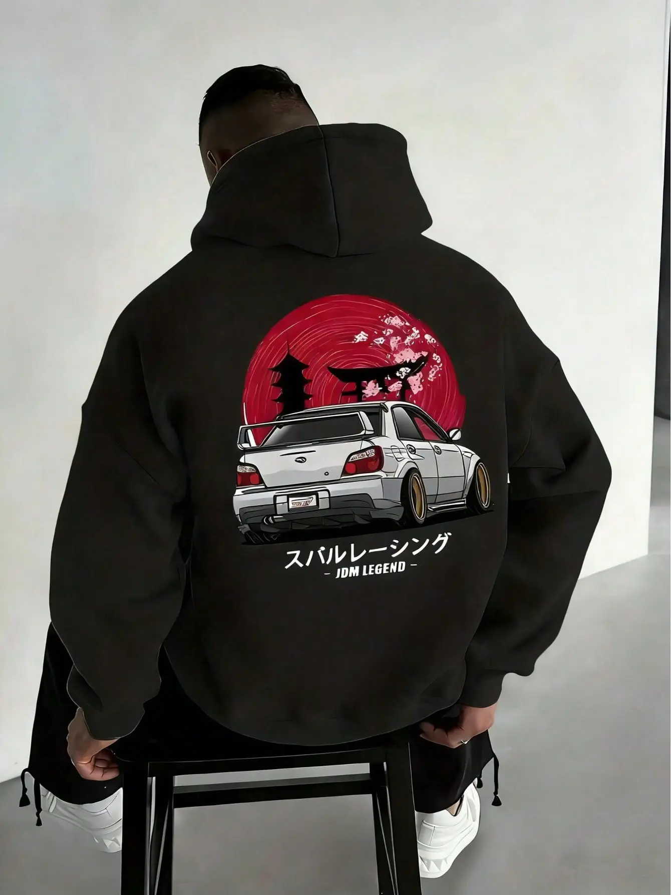 JDM Legend Subaru Wagon Back Print Hoodie, 270G Brushed Fleece Oversized Black Hooded Sweatshirt, Japanese Red Sun Torii Gate Cherry Blossom Car Graphic, Vintage Tuner Car Streetwear Pullover For Car Enthusiasts