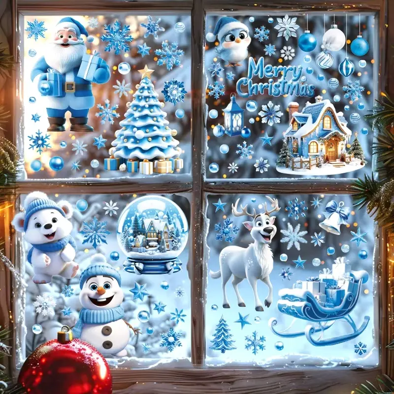9 Christmas wall stickers, cute Santa Claus, snowman, and reindeer wall decals, Merry Christmas party decorations, Christmas tree and snowflake home decor
