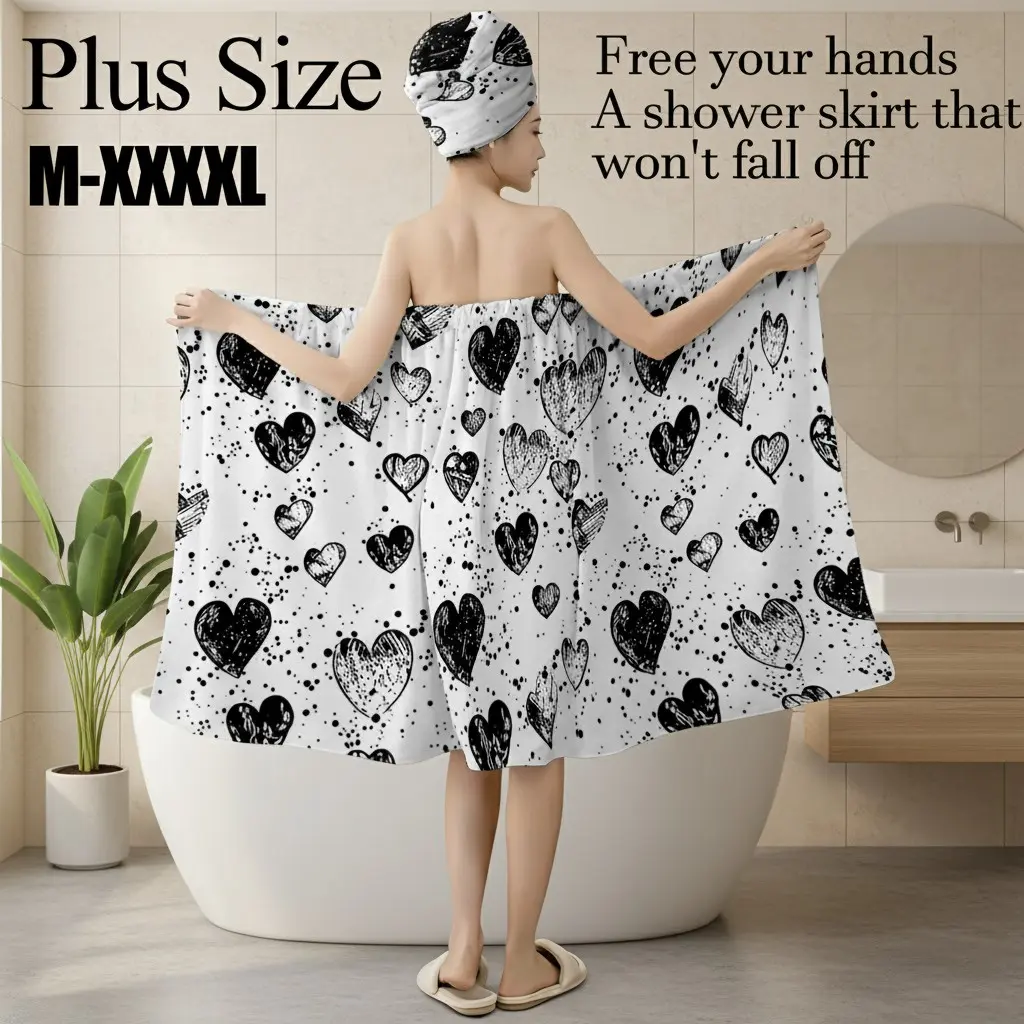 Plus Size M-XXXXL Black Sketch Heart Print Bath Wrap Skirt & Hair Towel Set, Non-Slip Adjustable Shower Skirt for Bathroom, Spa, Valentine's Day, Gothic Party