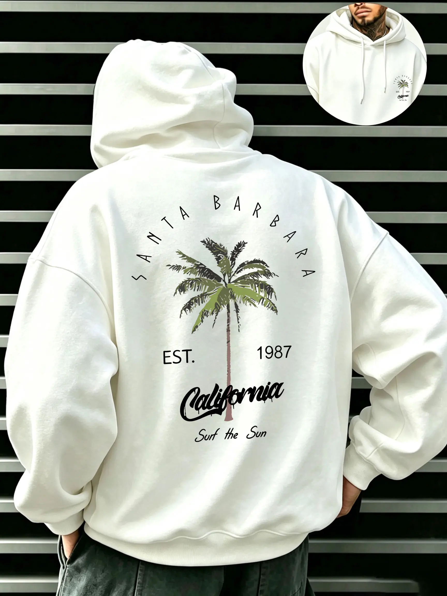 California Santa Barbara Palm Tree Print Hooded Sweatshirt for Men, Oversized, Vintage Surf Style Casual Hoodie