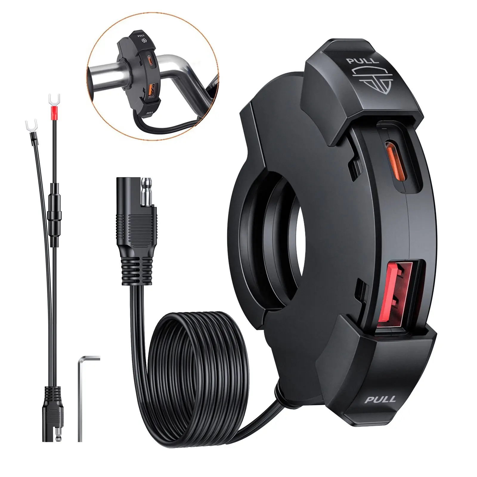 Motorcycle USB Charger, 30W USB A+C Fast Charger with Waterproof Handlebar Mounting Bracket, Bike Digital Camera Charger, Motorcycle Accessory