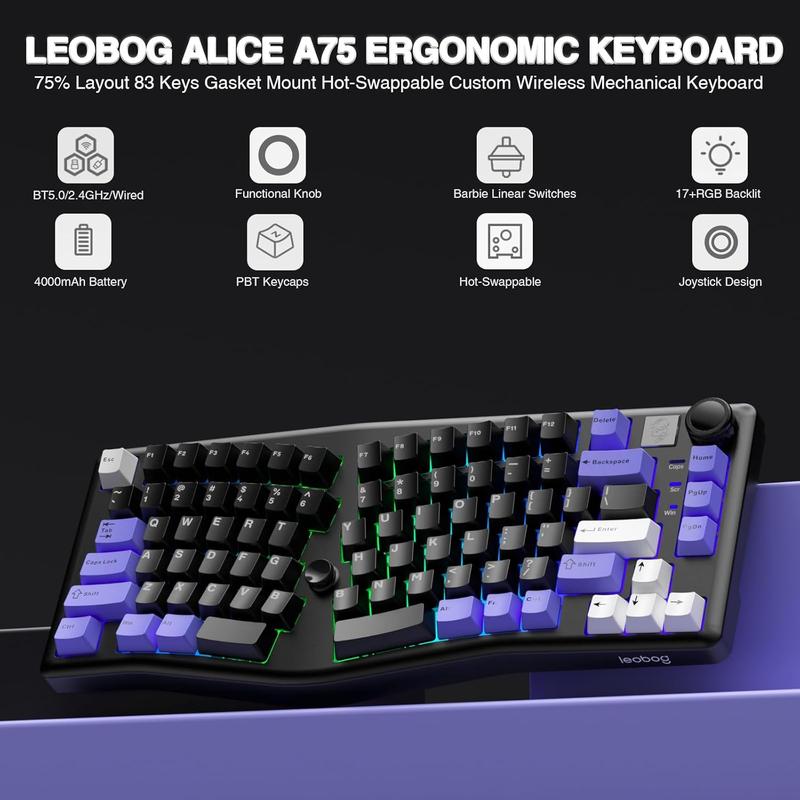 HOT LEOBOG Alice A75 Ergonomic Keyboard, Wireless Mechanical Gaming Keyboard Tri-Mode BT5.0/2.4G/Wired with Joystick and Knob, 75% Layout RGB Backlit Gasket Hot Swappable Linear Switches for Win Mac PC
