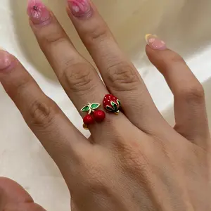 14K Gold Plated Cherry & Strawberry Ring Adjustable Sizing Jewelry for Women