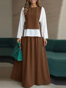 Women's 2 in 1 Colorblock Top &  Skirt Two-piece Set, Casual Fashion Cozy Long Sleeve Top & Long Skirt for Daily Outdoor Wear, Ladies Clothes for All Seasons, Womenswear