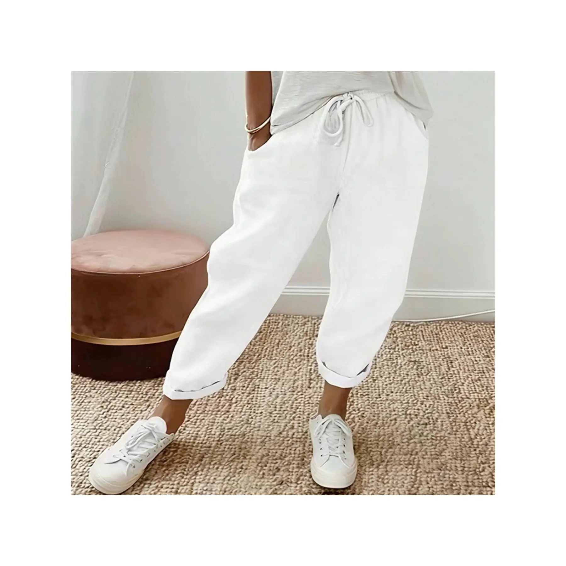 Plus Size, Women's Plus Size Wide- Trousers with Elastic Waistband & Pockets - Straight Pants Suitable for Commuting,, Casual Attire, Machine Washable Solid Color Casual Pants for Spring Summer Fall, Loose Fit for Body Types