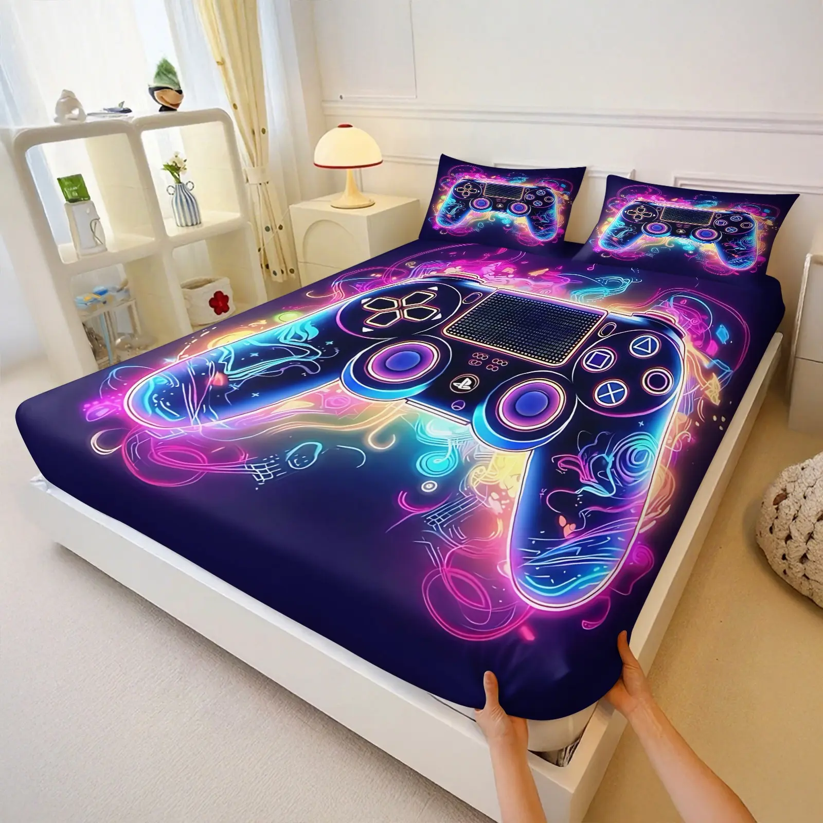 Kids Neon Gaming Printed Bedding Fitted Sheet Set, Including 1 Fitted Sheet & 2 Coreless Pillowcases. It Blends Retro Game Elements with Modern Aesthetics, Making It A Suitable Bedding Set for Boys, Girls, and Teenagers with A Game Theme Soft Bedding