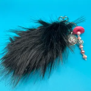 Black Faux Foxtail Keychain with Cowgirl Pendant and Beaded Hat Charm Accessory