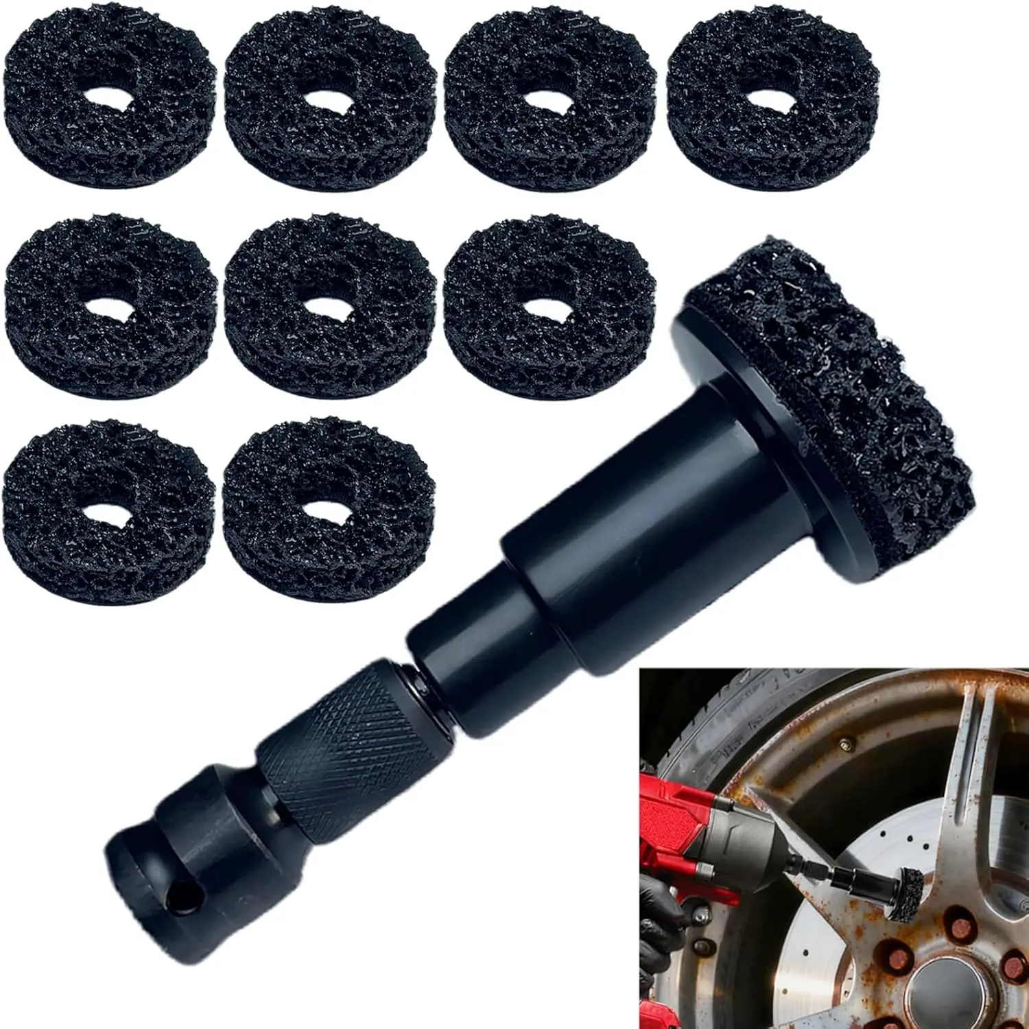 Wheel Hub Cleaning Tool Kit 10-Pad Quick Rust Removal for Lug Studs & Rotors Fits Power Drill 1/4 Impact Wrenches Car Truck Auto Maintenance