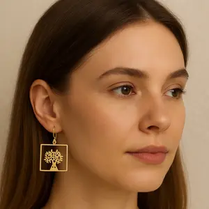 Tree Of Life Earrings Square Gold Tree Dangling Fish Hook Earring