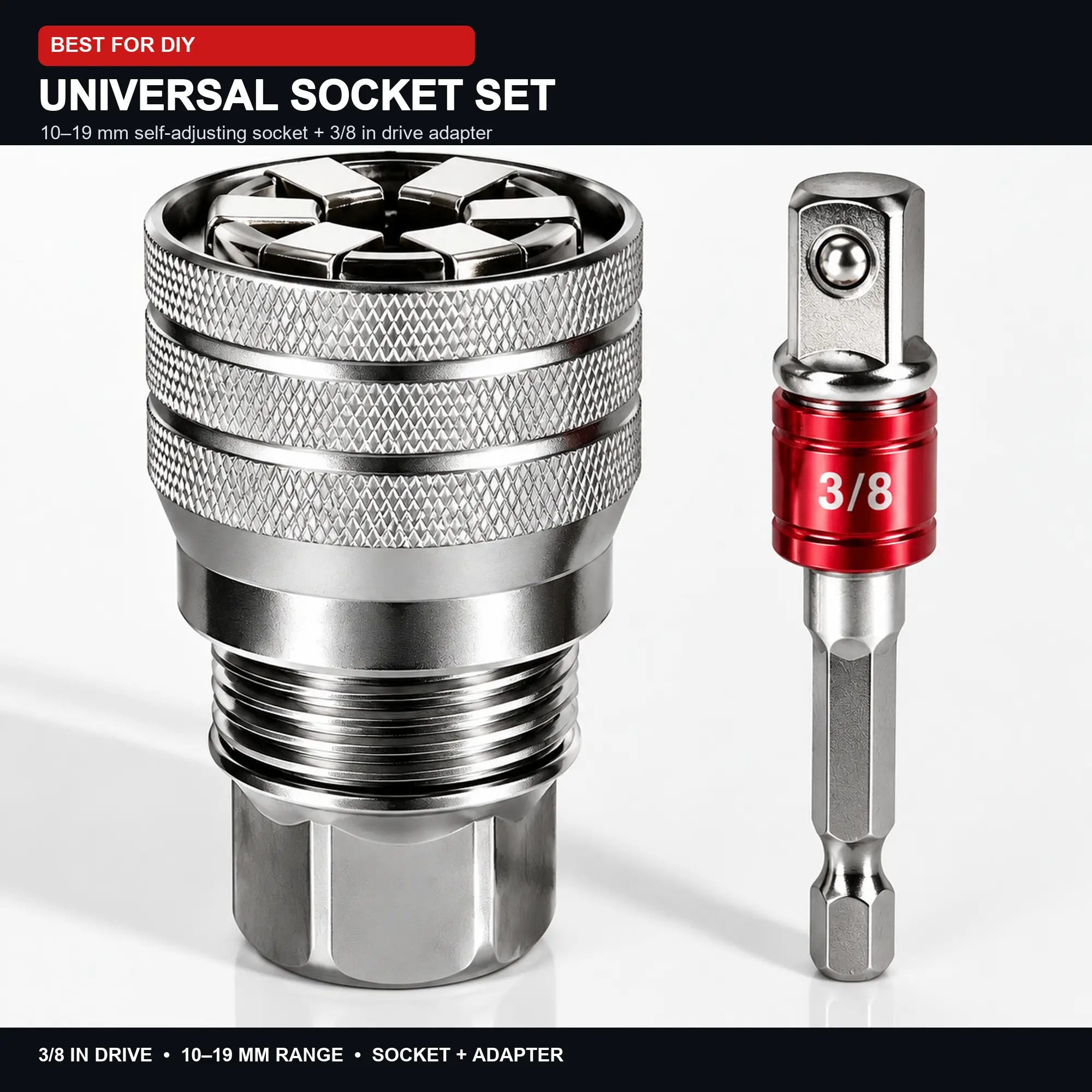 Universal Socket Set, 10-19mm Self Adjusting Socket with 3/8 Inch Drive Adapter, Adjustable Socket Wrench Tool for Nuts and Bolts, Ratchet Wrench, DIY Garage & Auto Repair Tools