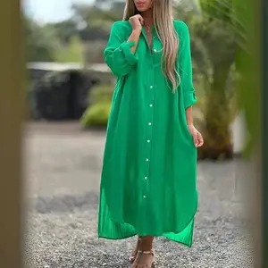 Women's Dress Cotton and Linen Shirt Long Dress Fashion Casual Long Sleeve Cardigan Dress