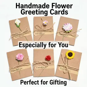 6 Pack Vintage Kraft Paper Greeting Cards with Envelopes Handmade Artificial Flower DIY Cards for Birthday Valentine's Day Mother's Day Anniversary Thank You Proposal All Occasion Gift for Her Him