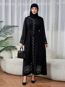 Women's Abaya Kaftan Dress, Arabic Fashion Print Long Robe with Belt, Saudi Style Kandura Dress