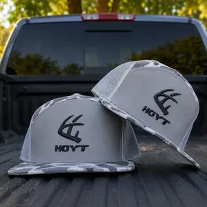 HOYT Antler Logo 7 Panel Black Trucker Hat, White Embroidered Hunting Cap, Deer Hunter Snapback Hat, Outdoor Bowhunting Hat, Mesh Back Hunting Cap