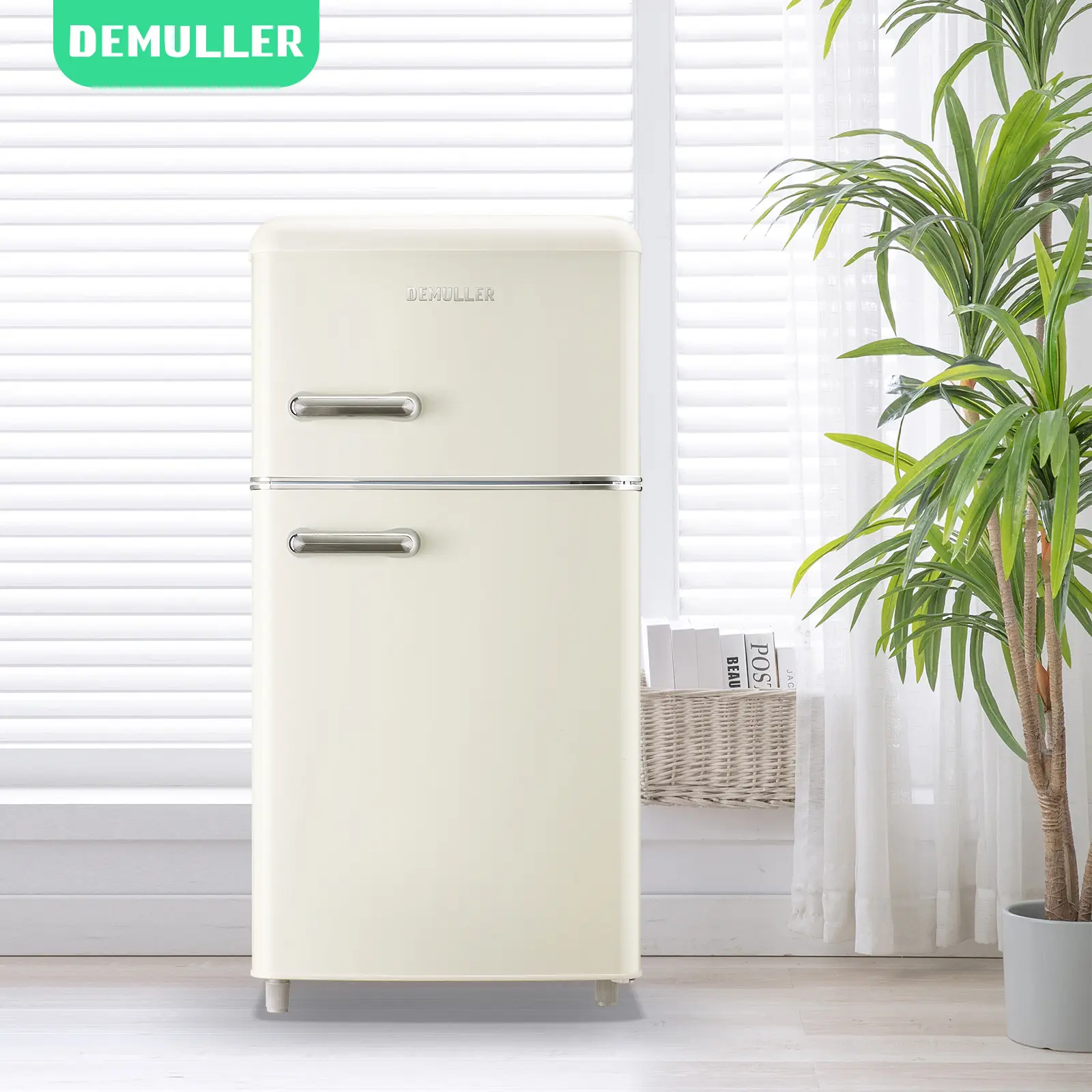 DEMULLER 3.5 Cu.ft Retro Mini Fridge with Freezer Dual Doors & Handles Compact Refrigerator with 7 Thermostat Control Freestanding Small Fridge with LED Light Cream