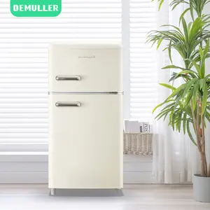 DEMULLER 3.5 Cu.ft Retro Mini Fridge with Freezer Dual Doors & Handles Compact Refrigerator with 7 Thermostat Control Freestanding Small Fridge with LED Light Cream