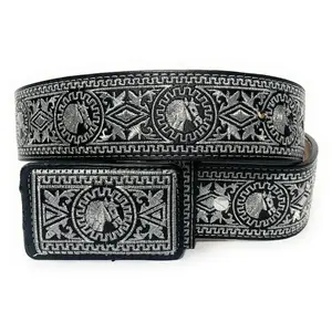 CINTO CHARRO BORDADO HILO PLATEADO. MENS SILVER STITCHING EMBROIDER WESTERN BELT