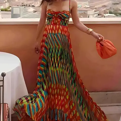 Women's All Over Print  Cami Spaghetti Strap Maxi Dress, Elegant Sleeveless A Line Dress for Party Holiday Wedding Guest, Ladies Summer Clothes, Sleeveless Style Dress