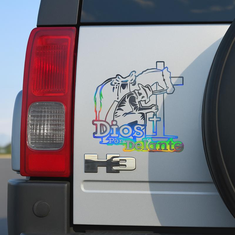2Pcs Cowboy Dios por Delante Religious Holographic Car Decal - High Definition Waterproof Christian Cross Sticker for Laptops Hardhats Bumpers Helmets Cars & Gear, Texan Cowboy Car Sticker