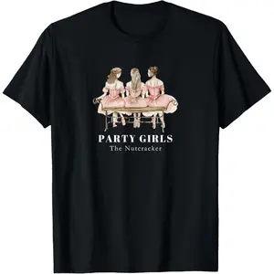 NUTCRACKER PARTY GIRLS Scene Christmas Ballet Dancer Graphic T-Shirt, 100% Cotton, Single Side Printed, Black Short Sleeve T-shirt, 1 pc, Christmas Halloween Thanksgiving Gift