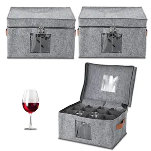 Garvee 3-Pack Stemware Storage Box with Dividers - Large Felt Glass Holder Organizer 16x11.5x10 in with Lids & Handles for Wine Glasses, Champagne Flutes, and Crystal Cups Moving & Protection