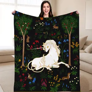 Forest Unicorn Floral Print Blanket, Christmas Gift, Mother's Day Father's Day Present, Washable, Lightweight, Breathable, Durable, Cozy, Unique Design